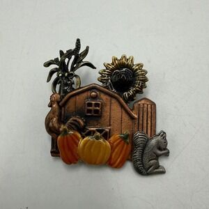 KC Enamel Fall Harvest Barn Brooch Pin Pumpkins Sunflower Squirrel Mixed Metal